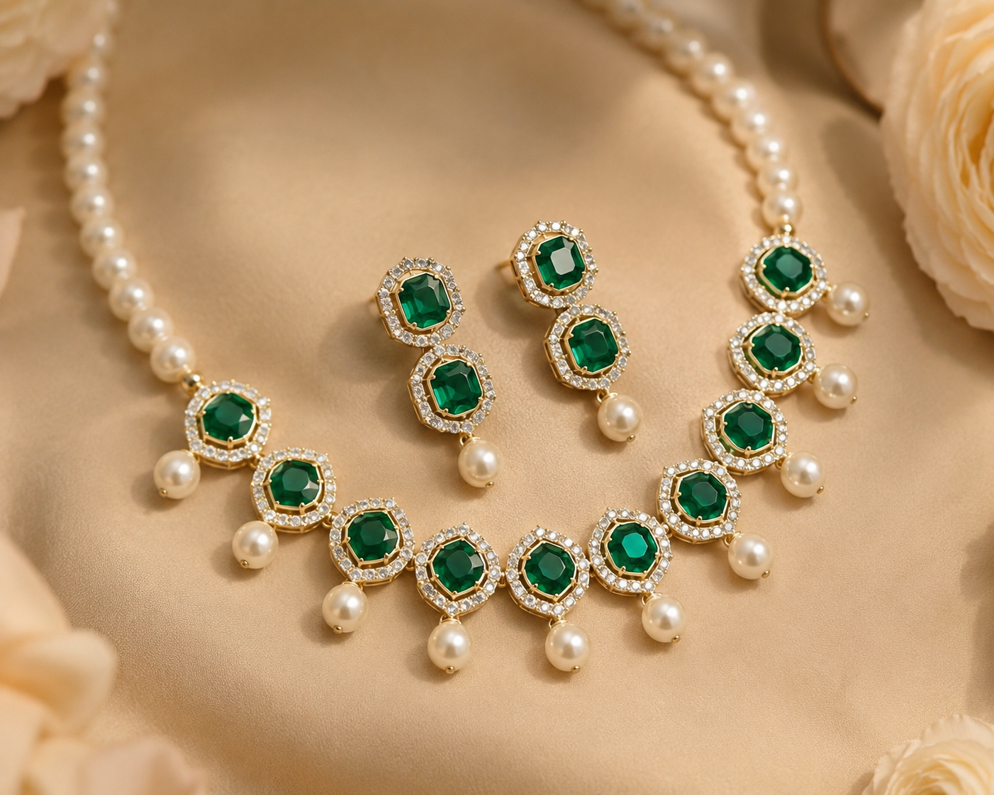 Luna Luxe™ Emerald Pearl Luxury Necklace & Earrings Set